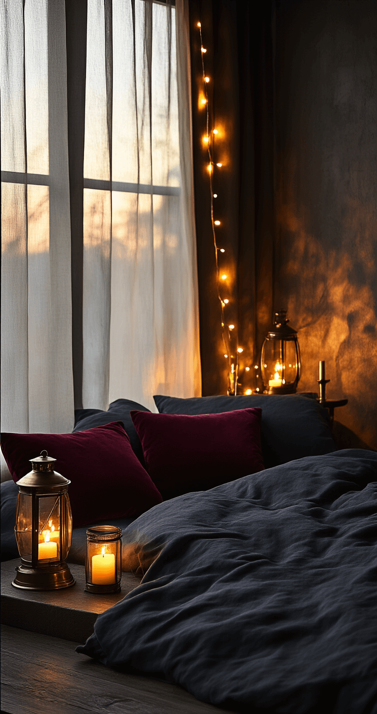 Moody Fall Wedding: A Romantic and Dramatic Autumn Celebration Atmospheric bedroom at dusk with vintage brass candle holders, dimmable LED string lights, and antique lanterns casting soft light, creating a deep, romantic mood with shadows on textured walls and golden hour light filtering through sheer curtains.