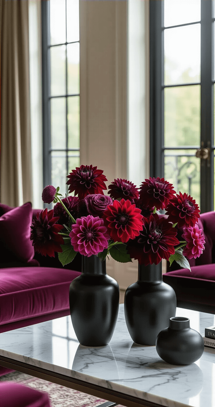 Moody Fall Wedding: A Romantic and Dramatic Autumn Celebration Elegant living room with sophisticated floral arrangements of burgundy dahlias and deep red roses in black ceramic vases on a marble coffee table, accented by plum ranunculus and dark foliage. Natural light streams through tall windows, highlighting jewel-toned velvet furniture and metallic accents, with a low camera angle showcasing the layered arrangements against a rich emerald and burgundy color palette.