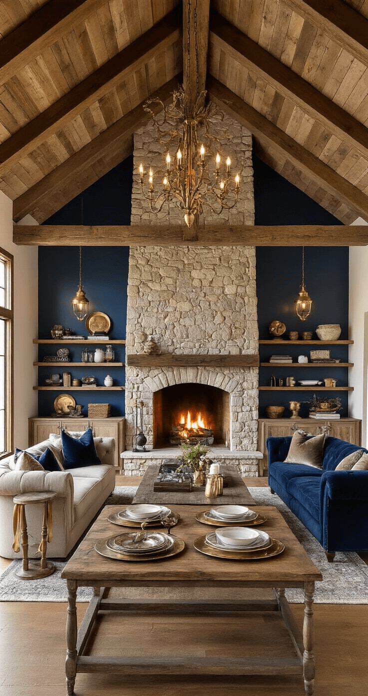 Moody Fall Wedding: A Romantic and Dramatic Autumn Celebration Rustic-elegant great room in a converted barn, featuring exposed beams, a stone fireplace, vintage brass fixtures, and a mix of velvet and metallic textures, with deep gold accents against navy walls, captured in warm, atmospheric evening lighting.