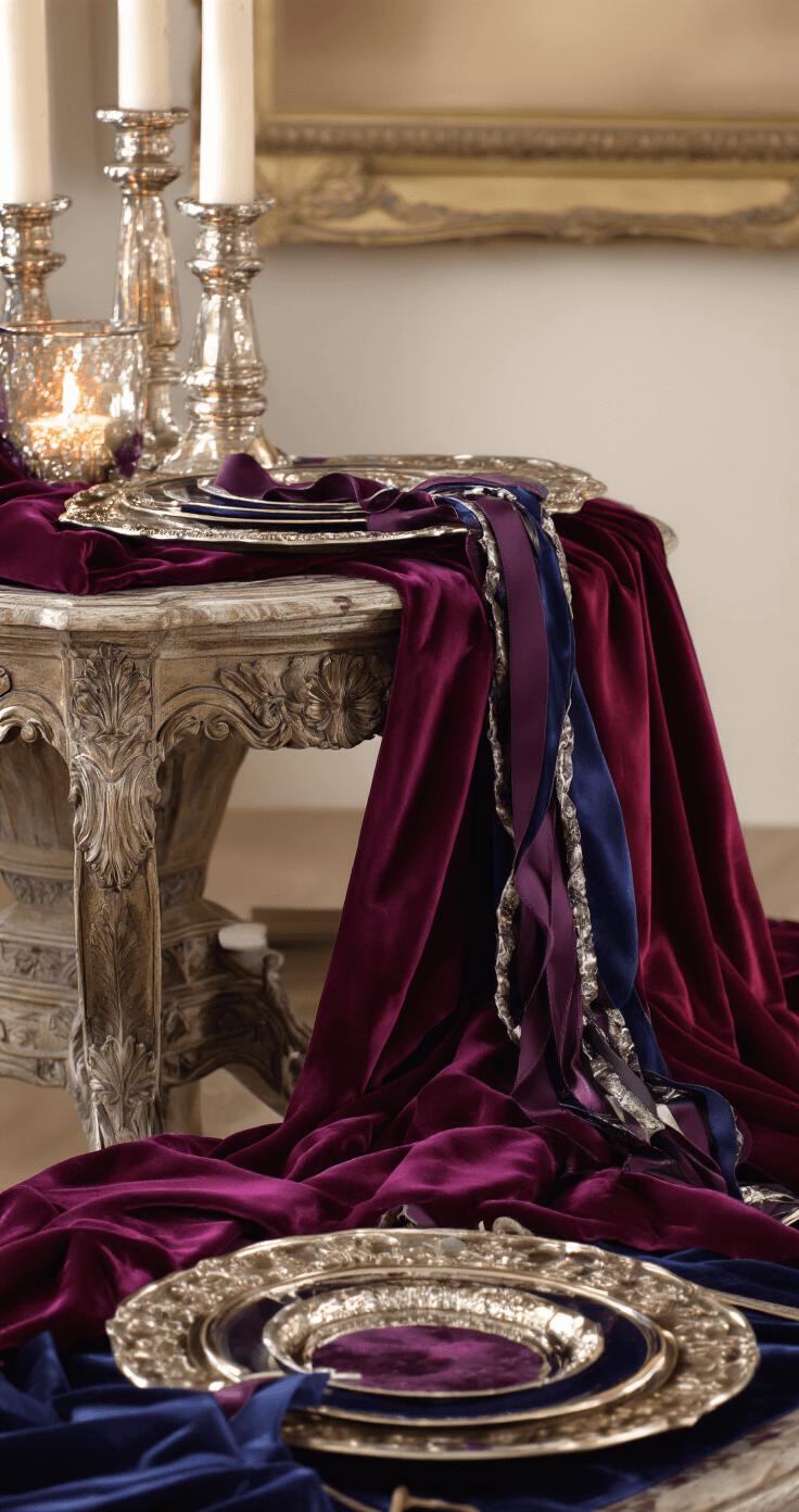 Moody Fall Wedding: A Romantic and Dramatic Autumn Celebration Luxurious sitting room showcasing layered fabrics with burgundy velvet table linens, amethyst and navy satin ribbons, and metallic charger plates reflecting candlelight, emphasizing rich textures and a jewel-tone palette.