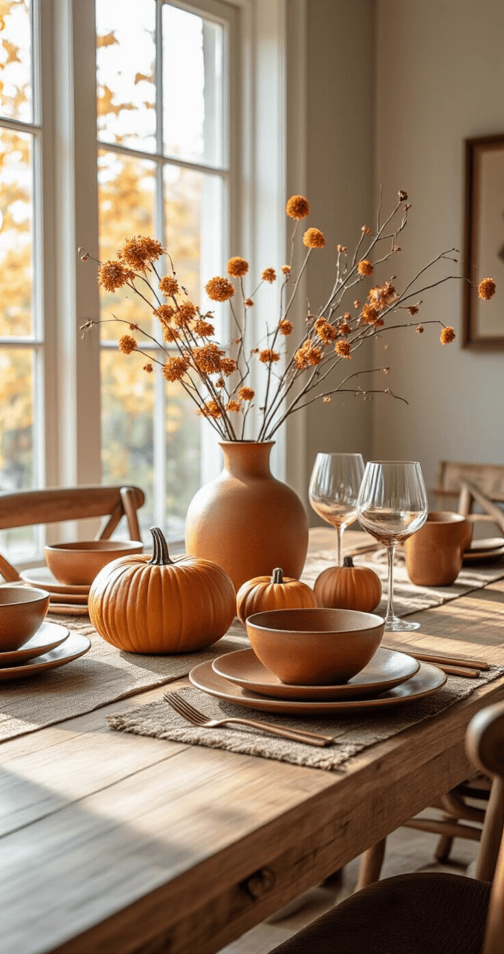 Moody Fall Wedding: A Romantic and Dramatic Autumn Celebration A sophisticated autumn dining space featuring deep orange pumpkin accents, muted dried flower arrangements, and rust-colored ceramics, illuminated by warm afternoon light filtering through windows, with rich wooden furniture and brass hardware, creating an inviting and elegant atmosphere.
