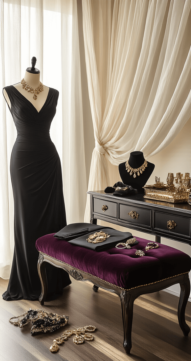 Moody Fall Wedding: A Romantic and Dramatic Autumn Celebration Dramatic bedroom scene featuring a vintage dress form with a dark evening gown, black tuxedo elements on a velvet bench, and jewel-toned accessories, enhanced by soft evening light filtering through gauze curtains, all highlighting a sophisticated and modern approach to wedding attire.