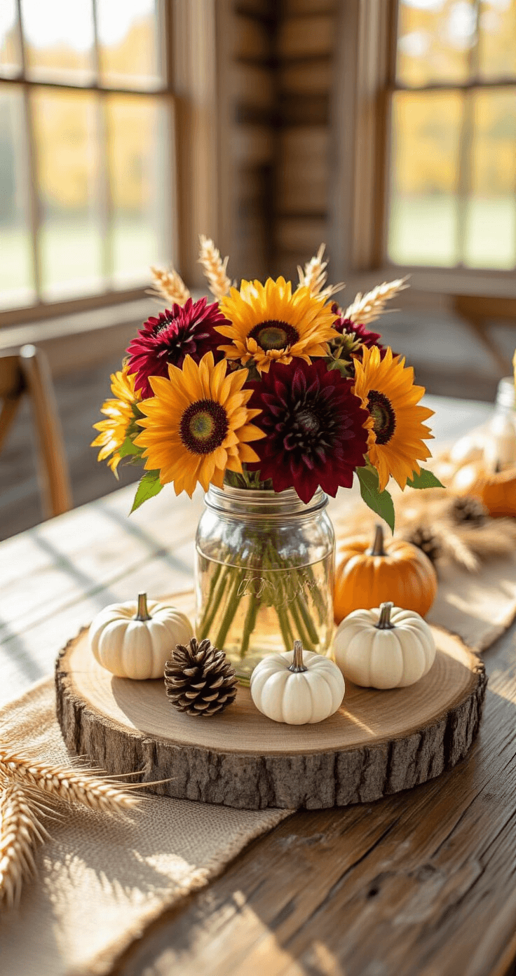 Close-up overhead view of a rustic fall wedding centerpiece featuring a mason jar with burgundy dahlias and sunflowers atop a wooden slice, surrounded by mini white pumpkins, pine cones, and dried wheat stalks on a burlap table runner, illuminated by warm afternoon light.