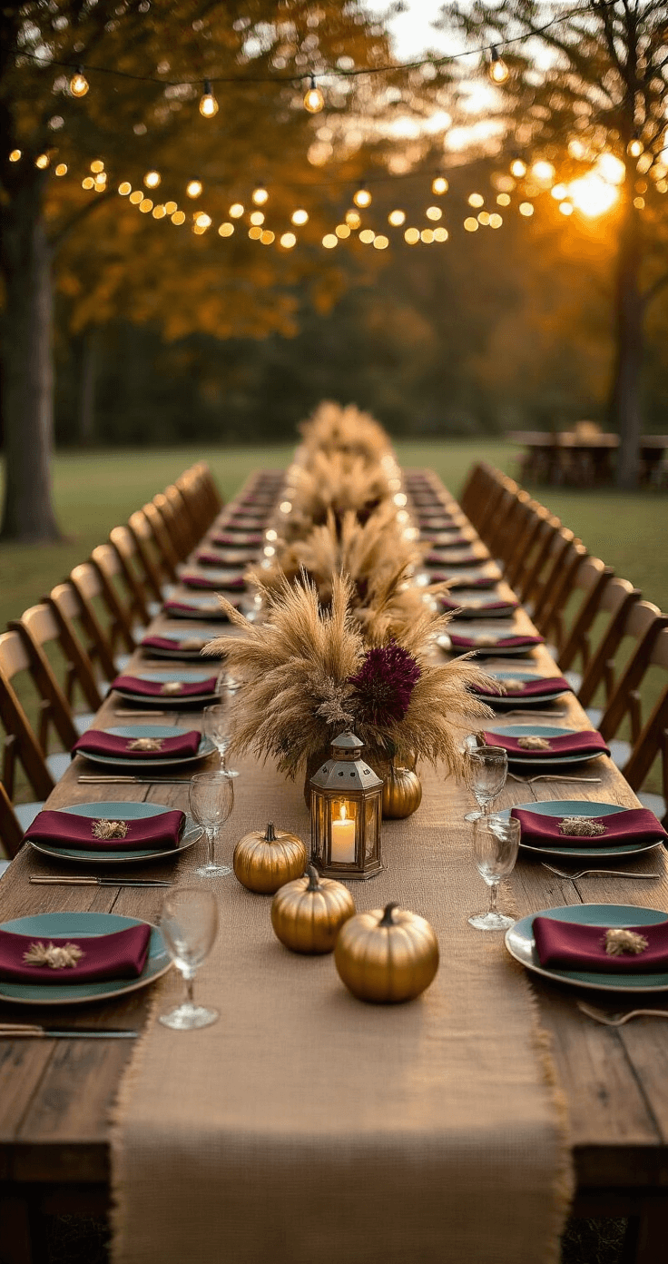 Wide shot of a rustic wedding reception table set during golden hour, featuring a long farmhouse table with burlap runners, vintage brass lantern centerpieces, metallic pumpkins, and pampas grass, all illuminated by warm string lights and natural sunset light, with deep burgundy napkins and sage green plates adding to the rich autumn palette.