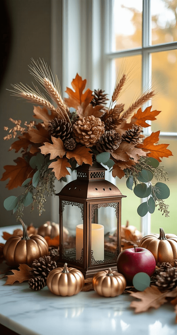 Elegant autumn centerpiece arrangement featuring an antique copper lantern surrounded by cascading fall foliage, including dried oak leaves, eucalyptus, and wheat stalks. Mini metallic gold pumpkins and ruby red apples add vibrant color, while scattered pine cones introduce texture. The composition is illuminated by soft morning light, highlighting a muted color palette of copper, gold, sage green, and cream, with a balanced distribution of heights.