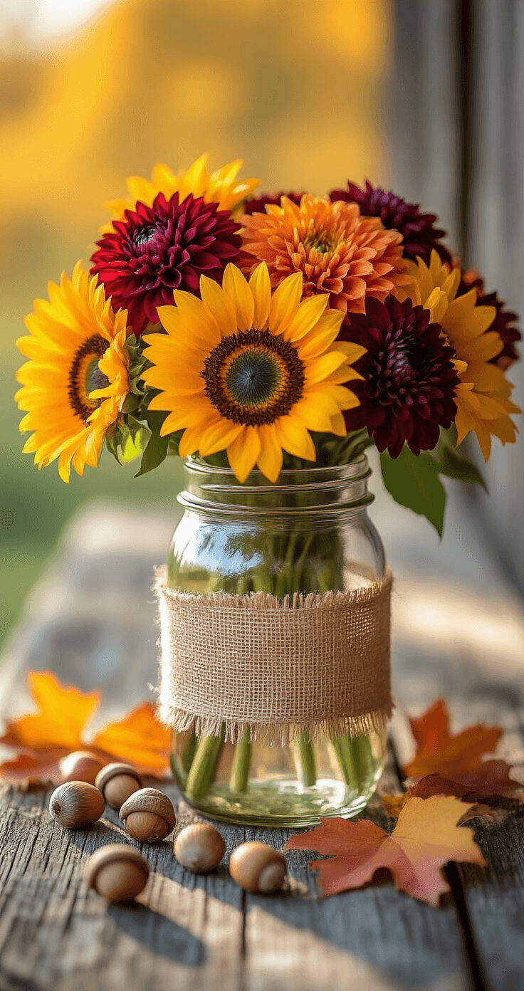 Intimate close-up of a mason jar floral arrangement featuring sunflowers, orange dahlias, and burgundy mums on weathered barn wood, with scattered acorns and colorful leaves, illuminated by warm afternoon sunlight.