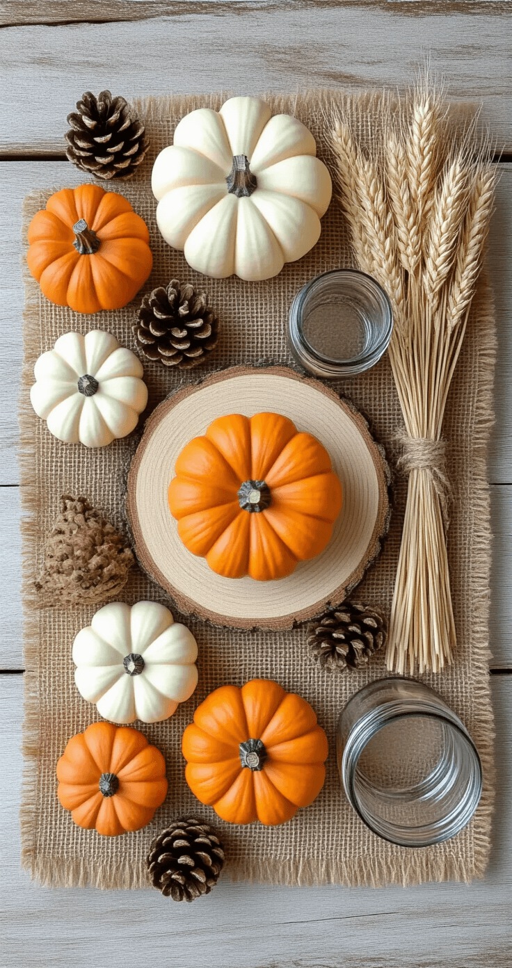 Stylized flat lay of rustic DIY centerpiece components on wooden background, featuring wooden slice bases, burlap fabric, mini pumpkins, dried wheat, pine cones, and mason jars, arranged under soft natural daylight.