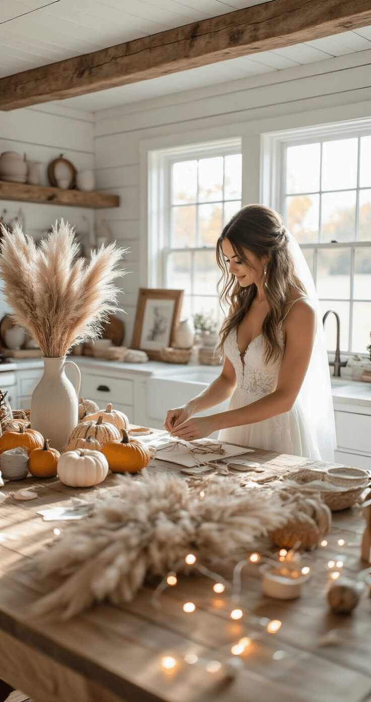 Bride arranging a DIY centerpiece in a rustic farmhouse kitchen, with crafting materials like pampas grass and gourds on a wooden island, illuminated by natural light from large windows and framed by white shiplap walls and exposed beams.