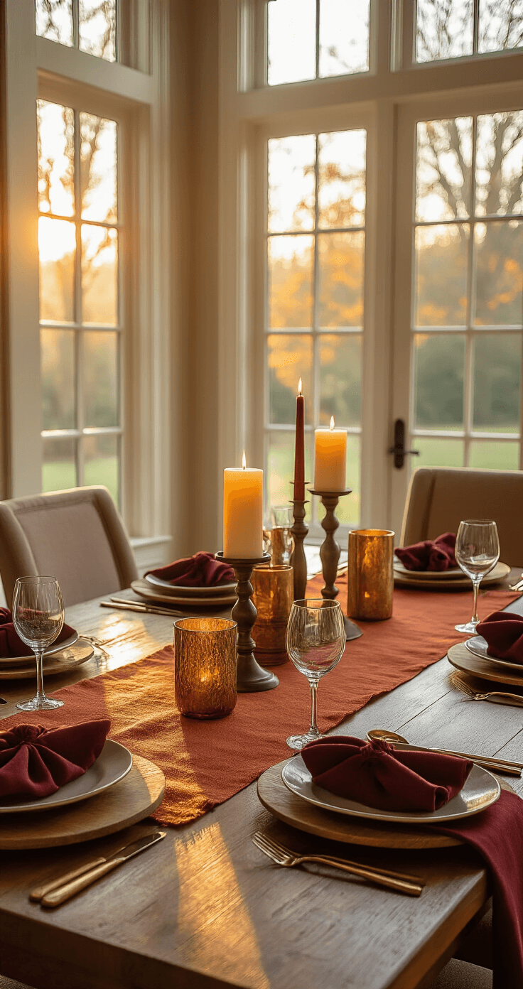 Elegant dining room during golden hour, featuring a mahogany table with a rust orange burlap runner, deep burgundy napkins, and olive green accents. Layered textures include burlap, wood, and gold candle holders, with varying height pillar candles creating a warm atmosphere.