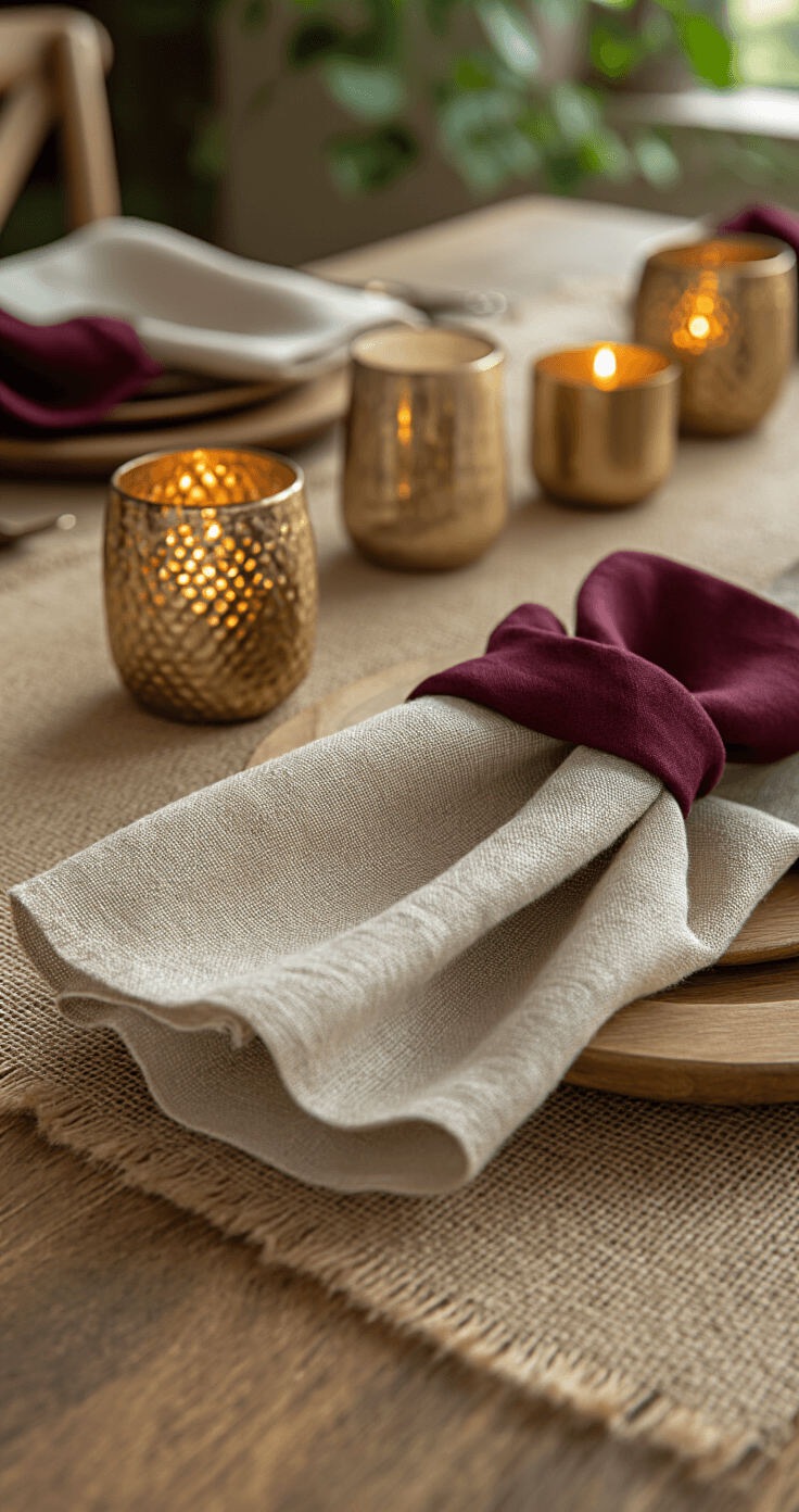 Close-up macro shot of a textured tablescape featuring rough-woven burlap, smooth burgundy linen napkins, wooden charger plates with natural grain, and metallic gold and bronze candle holders, all set in warm afternoon light against a warm neutral background with olive green accents.