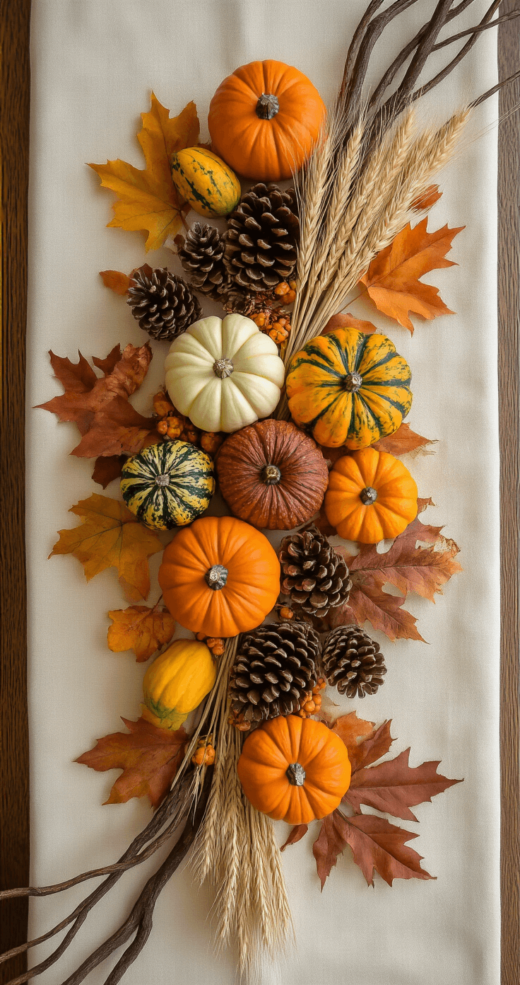 Overhead view of a dining table centerpiece featuring assorted mini pumpkins, gourds, and pinecones on a cream tablecloth, with dried wheat stalks and autumn leaves arranged organically in warm autumn colors under perfect midday natural light.
