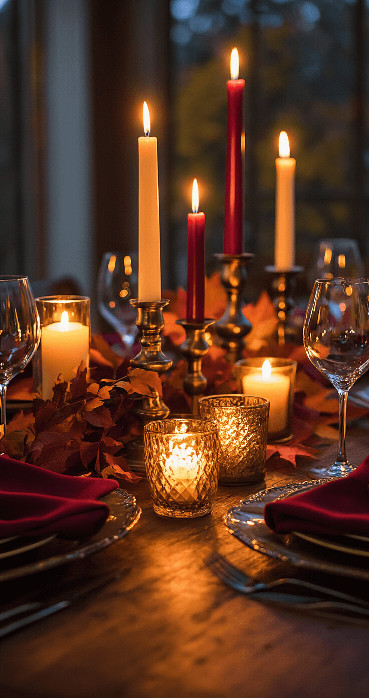 Dramatic low-angle view of an evening tablescape illuminated by flickering pillar candles in metallic and glass holders, featuring rich autumn colors like burgundy and gold, creating an intimate and cozy atmosphere.