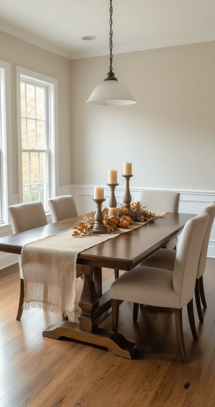 Professional interior design shot of a spacious dining room featuring a mahogany table decorated with autumn-themed layers, set in soft morning lighting. The room showcases hardwood floors, neutral walls, and elegant furnishings, captured from a corner angle to highlight the architecture and table relationship. The composition is clean and balanced, emphasizing a warm color palette and natural elements arranged artfully.