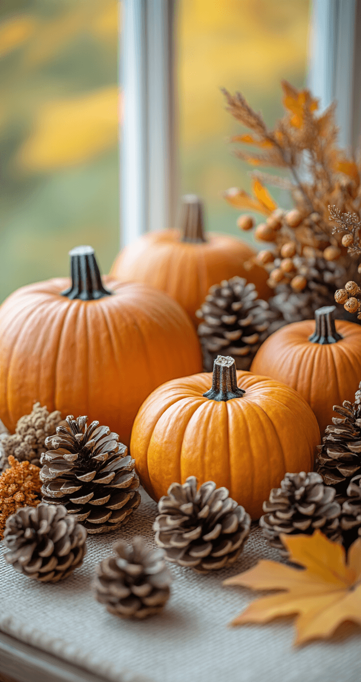 Macro shot showcasing budget-friendly autumn decor, featuring supermarket pumpkins, foraged pinecones, and DIY arrangements in warm orange and gold tones, with natural lighting enhancing textures against a neutral background.