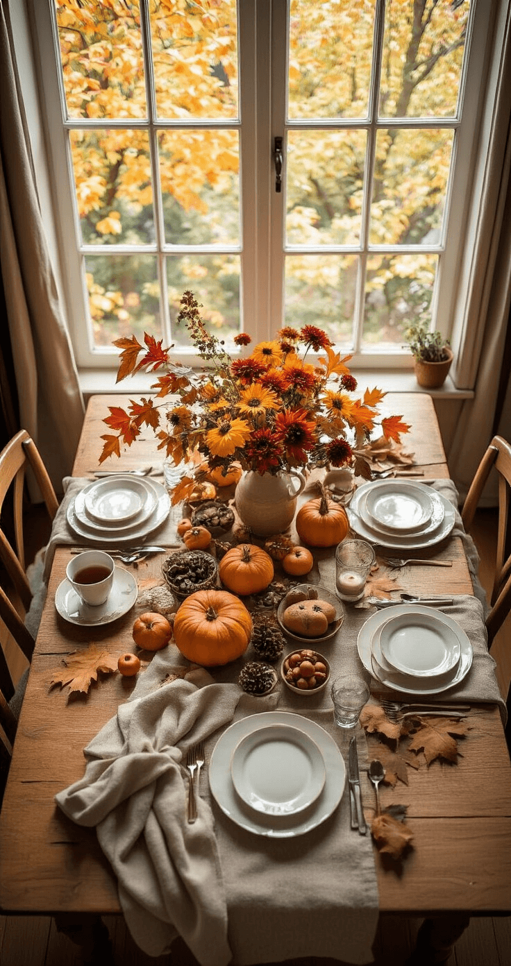 Flat-lay of an autumn-themed tablescape featuring a harmonious arrangement of seasonal elements in odd-numbered groupings, enhanced by warm lighting and balanced composition that emphasizes negative space.