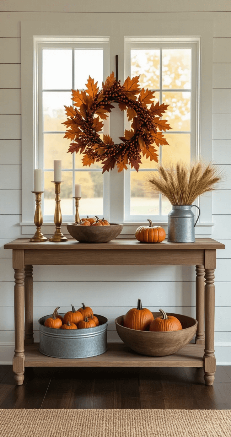 A cozy entryway featuring white shiplap walls and dark hardwood floors, illuminated by golden hour sunlight. A rustic wooden console table is centered beneath a large autumn wreath, decorated with burgundy maple leaves and orange berries. The table displays brass candlesticks, vintage wooden bowls with mini pumpkins, and a galvanized metal tray, all in warm amber and deep orange hues. Shot from a slight angle at eye-level.