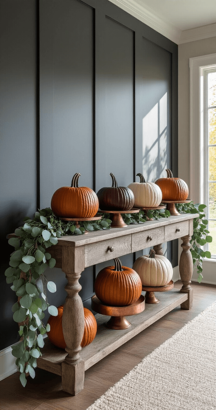 Elegant entryway featuring 12-foot ceilings, a charcoal gray accent wall, and a reclaimed barn wood console table adorned with a three-tier pumpkin display in deep burgundy, cream, and mottled green on vintage copper cake stands, complemented by an eucalyptus garland and textured linen table runner in oatmeal, all illuminated by afternoon light.