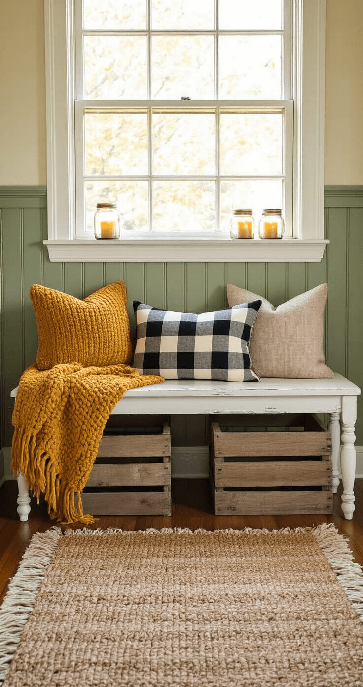 Cozy farmhouse entryway featuring sage green beadboard wainscoting and cream upper walls, illuminated by warm late afternoon light. A distressed white wooden bench is adorned with a mustard yellow chunky knit throw and a black and cream buffalo check pillow, set on a textured jute rug. Rustic wooden crates hold mason jar lanterns with battery-operated candles, creating a comfortable and inviting atmosphere.