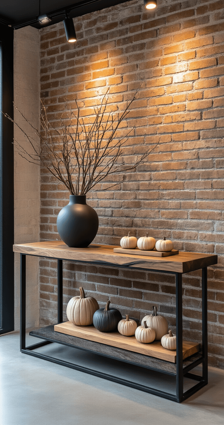 Sophisticated urban entryway featuring an exposed brick wall, polished concrete floors, and soft LED lighting. A sleek black metal console table with a live-edge walnut top holds a large matte charcoal ceramic vessel with preserved oak branches and a grouping of neutral-toned ceramic pumpkins on a wooden cutting board, all set in a monochromatic palette with natural wood accents.
