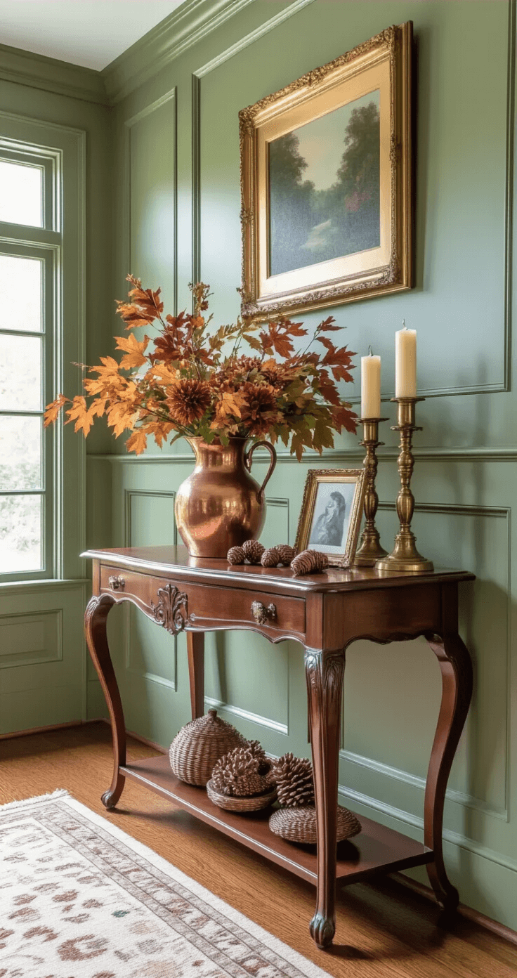 Traditional entryway with mahogany wainscoting, sage green walls, and natural light from a transom window, showcasing an antique cherry wood hall table adorned with autumn decorations, including a copper pitcher, vintage brass candlesticks, and family photos in gilded frames.