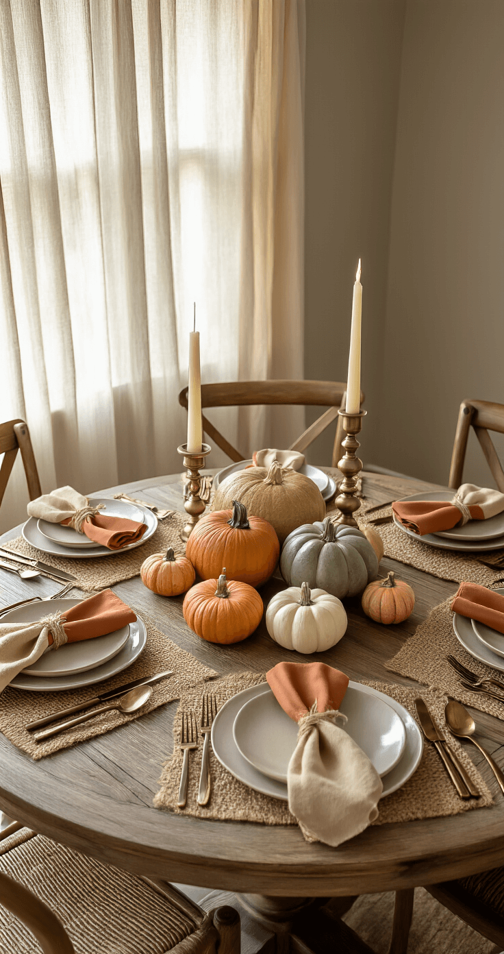 Cozy dining space with an intimate round table set for six, featuring rustic bronze flatware, cream stoneware plates, terracotta napkins tied with twine, and a central grouping of varied gourds and mini pumpkins. Brass candlesticks with ivory candles provide soft light, while jute placemats add texture to the weathered wood table. Late afternoon light filters through sheer curtains, creating a warm, inviting atmosphere.