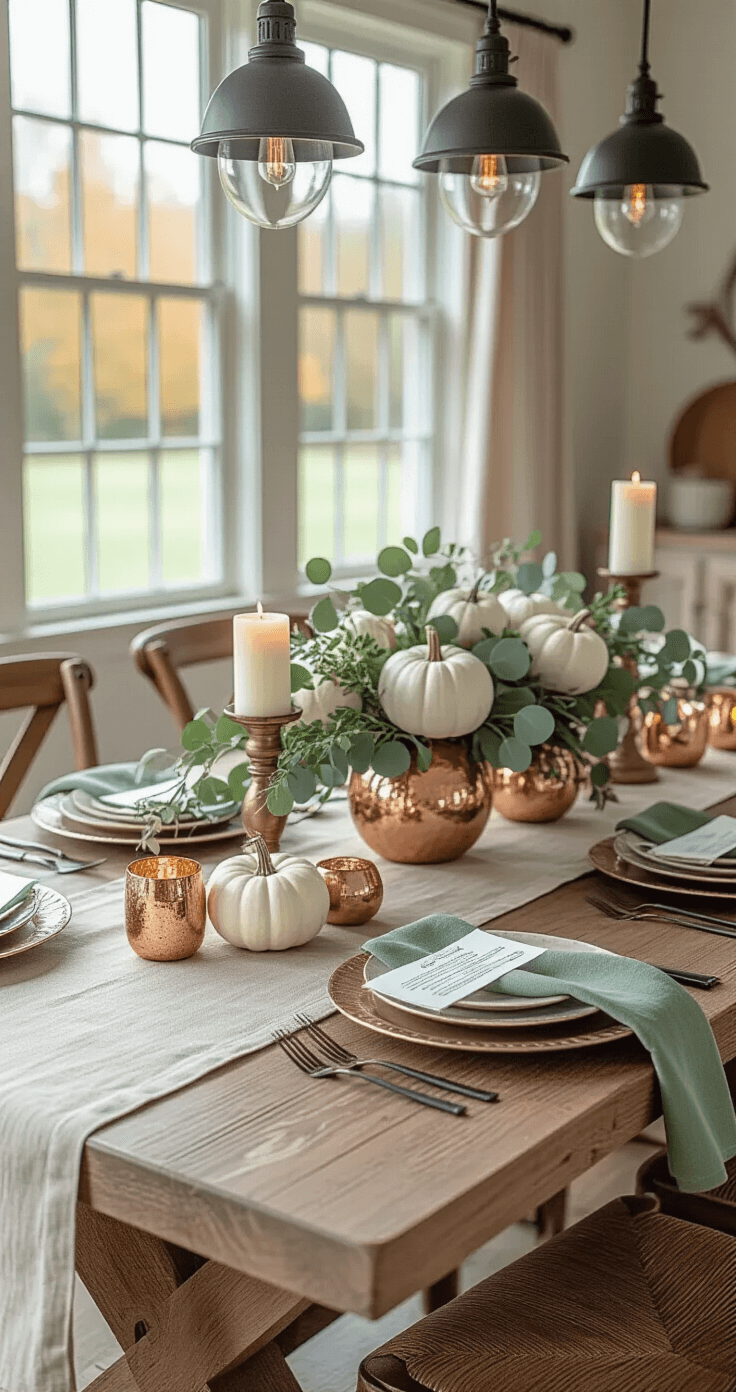 Elegant Friendsgiving dining table with neutral linen tablecloth, copper-accented centerpiece of white pumpkins and eucalyptus, textured charger plates, and sage green napkins, all illuminated by professional lighting.
