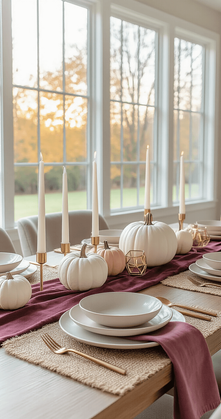 Modern dining room styled for Friendsgiving with a sleek walnut table, minimalist white and blush pumpkin centerpiece, brass geometric candle holders, matte ceramic plates, rose gold flatware, and dusty rose linen napkins, accented by jute placemats and a deep burgundy velvet table runner, all under abundant natural light from large picture windows.