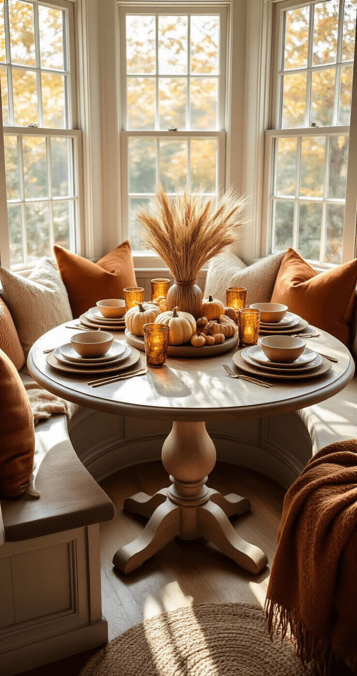Cozy Friendsgiving brunch setting in an intimate breakfast nook, featuring a round table with a cascading centerpiece of gourds and wheat, layered place settings, and warm autumn hues, all enhanced by morning sunlight streaming through bay windows.