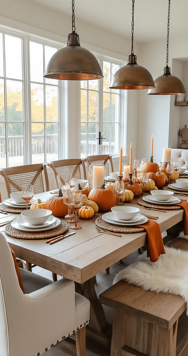 Spacious open-concept dining area styled for a Friendsgiving gathering, featuring a long farmhouse table with a dramatic centerpiece of pumpkins, gourds, and pillar candles. Mixed seating includes upholstered chairs and wooden benches with faux fur throws, while each place setting showcases rattan chargers, white ceramic plates, copper flatware, and burnt sienna napkins. Pendant lights illuminate the scene during golden hour, capturing the grandeur of the rustic-modern decor.