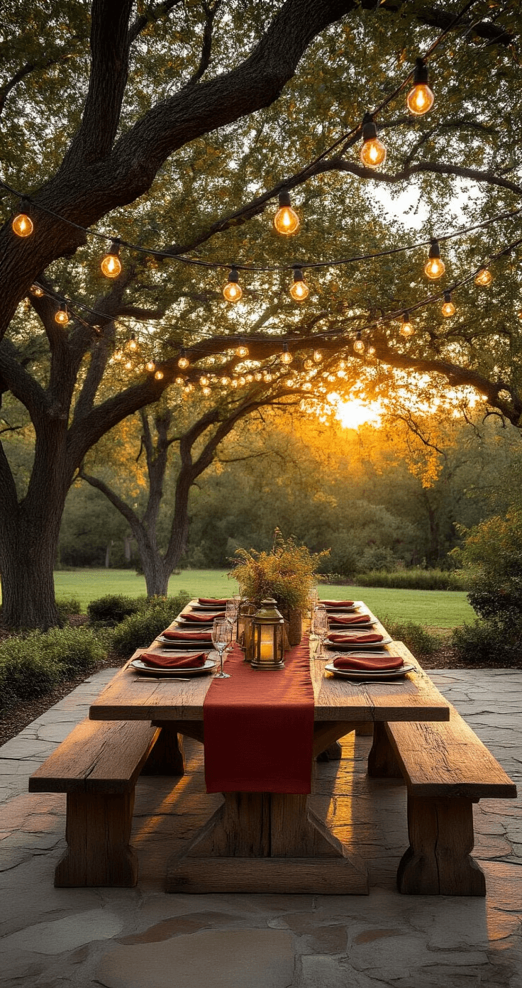 Photorealistic outdoor dining scene at golden hour featuring a rustic reclaimed wood table on a stone patio, surrounded by mature oak trees and warm string lights. The table is set with natural wood chargers, burnt orange linen napkins, and a burgundy runner, with soft sunlight creating dappled shadows through amber leaves.