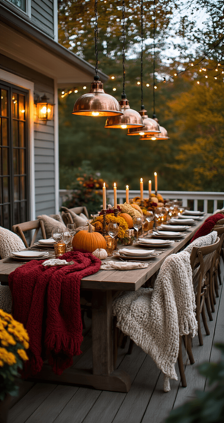 An intimate outdoor fall dinner party on a wraparound deck featuring a long farmhouse table set for eight, adorned with chunky knit throws and a deep red and mustard yellow color palette, surrounded by pumpkins and eucalyptus garlands, with warm tungsten lighting and twinkling fairy lights creating a magical twilight ambiance.