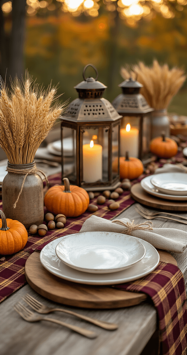 Cozy autumn outdoor dining setup featuring a plaid burgundy and gold table runner, natural wood chargers with white ceramic plates, textured linen napkins tied with twine, scattered acorns and mini pumpkins, vintage brass lanterns with flickering candles, and dried wheat bundles in mason jars, all illuminated by warm golden hour lighting.