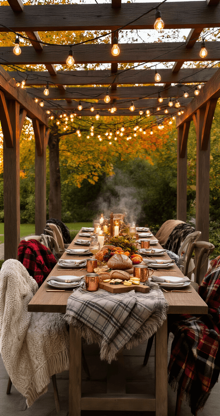 Elegant outdoor fall dinner setting under a covered pergola, featuring a long rectangular table with vintage chairs draped in textured throws, copper mugs filled with warm beverages, and seasonal produce centerpieces, all illuminated by warm Edison bulb string lights and candles for a cozy atmosphere.