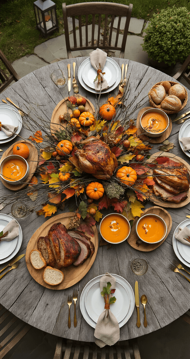Bird's eye view of a rustic outdoor fall feast on a flagstone patio, featuring a large round table adorned with a centerpiece of foraged branches, colorful leaves, and mini pumpkins. Natural wood platters hold roasted meats and ceramic bowls of butternut squash soup, complemented by baskets of crusty bread. Guests' place settings include layered plates, vintage brass cutlery, and autumn-hued cloth napkins, all illuminated by warm lanterns and string lights, creating an inviting atmosphere rich in seasonal abundance.