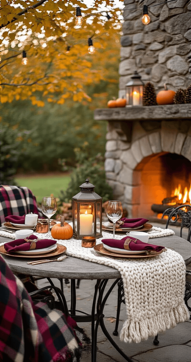 Intimate outdoor dining nook with a rustic stone fireplace, featuring a bistro table for two set with copper chargers, white stoneware, and burgundy napkins tied with leather. Vintage lanterns with candles, small pumpkins, and pinecones accent the scene, while plaid blankets drape over wrought iron chairs. String lights hang above, creating a warm, cozy ambiance with golden firelight.