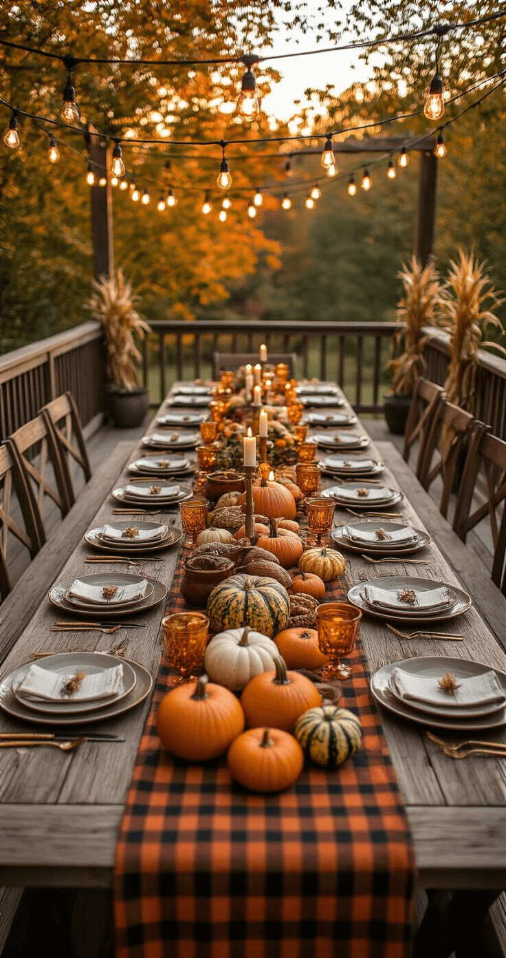Spacious outdoor fall dinner party on a wooden deck featuring a long harvest table with benches, mismatched vintage serving pieces, and layered runners in autumn plaids and burnt orange. Centerpieces include seasonal gourds and candlesticks, illuminated by warm Edison string lights and lanterns, all bathed in golden hour lighting.