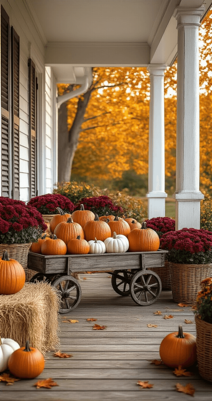 Photorealistic autumn front porch scene featuring a vintage wooden wagon overflowing with colorful pumpkins, surrounded by hay bales, wicker baskets of burgundy mums, and scattered maple leaves under warm golden hour lighting.