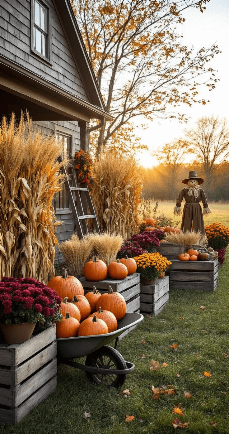 Wide-angle shot of a farmhouse-style yard displaying a 20x15ft lawn with weathered wooden crates, tall cornstalks, and a rustic scarecrow under the golden afternoon sunlight. A vintage wheelbarrow filled with orange pumpkins, wheat sheaves, and burgundy chrysanthemums is in the foreground, while a wooden ladder draped with autumn garlands adds depth to the background. The color palette features warm terracotta, deep burgundy, and golden amber tones.