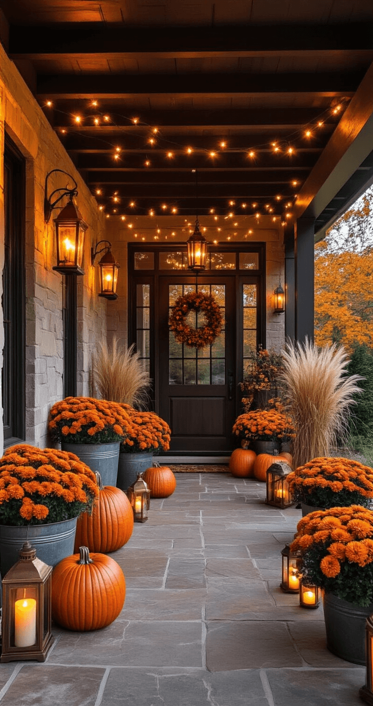 Cozy porch vignette with warm lighting, featuring dark wooden beams, stone flooring, and string lights, highlighted by carved pumpkins and fall decor, vintage tubs with orange mums, and a deep autumn color palette.