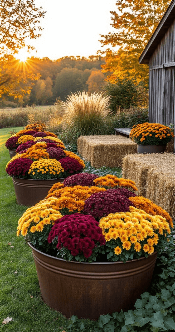 A sprawling garden at golden hour features oversized planters with vibrant autumn plantings, including chrysanthemums in burgundy, orange, and yellow. Tall ornamental grasses and trailing ivy add texture, while rustic metal tubs and weathered wooden structures enhance the scene. Hay bale seating completes the rich autumnal palette and dramatic shadows.
