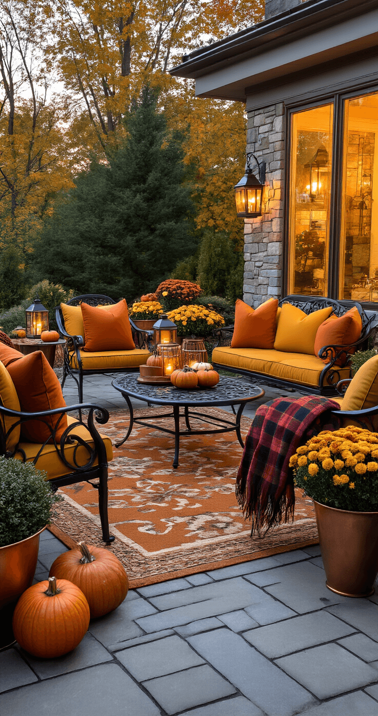 Cozy outdoor living space on a 15x12ft patio, featuring stone pavers and wrought iron furniture styled with burnt orange and mustard yellow cushions, plaid blankets, surrounded by pumpkins and copper planters, illuminated by soft twilight and lanterns.