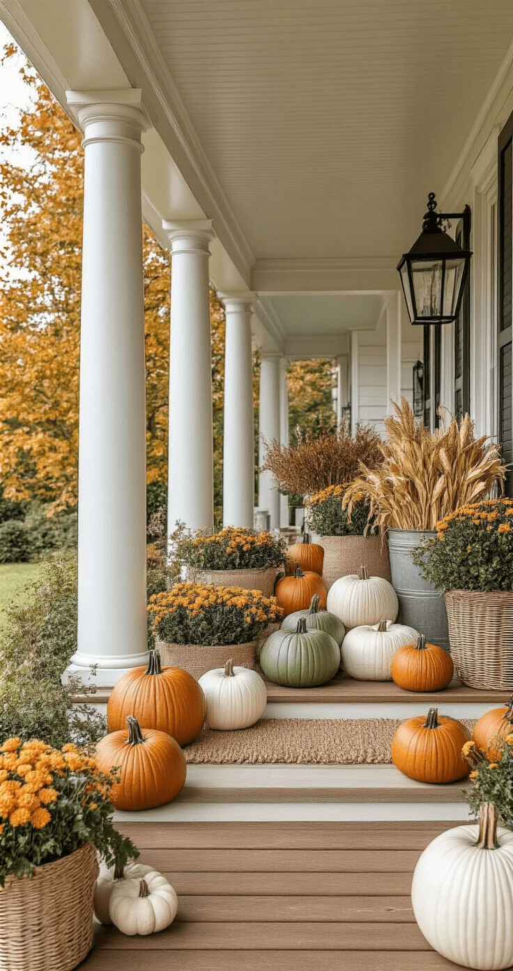 A professionally styled autumn porch featuring layered textures and seasonal decor, including pumpkins in various sizes and colors, wicker baskets, and ceramic planters, captured in natural overcast light.