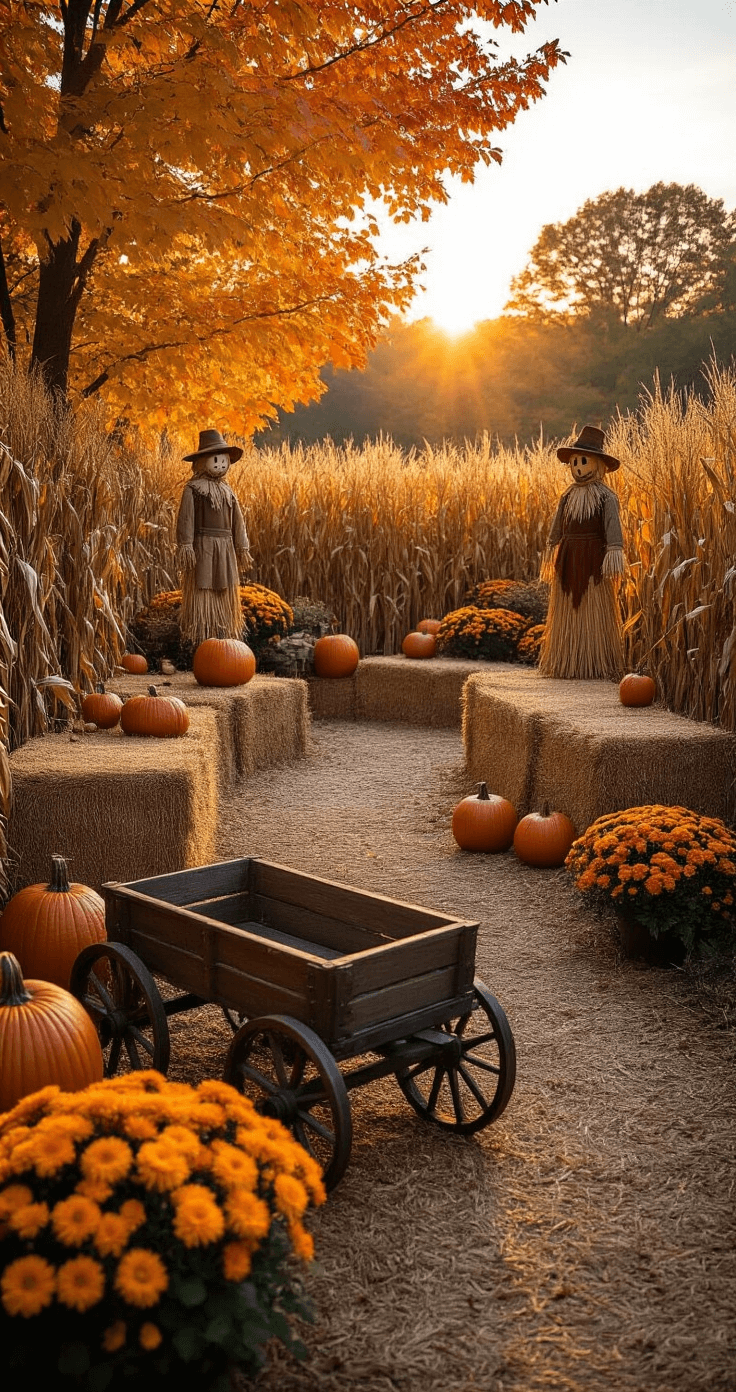 A dramatic wide-angle view of an autumn yard transformation at golden hour, featuring a vintage wagon in the foreground, hay bales in the middle ground, and cornstalks and scarecrows in the background, all illuminated by warm natural light. The scene showcases rich autumn colors and various textures.