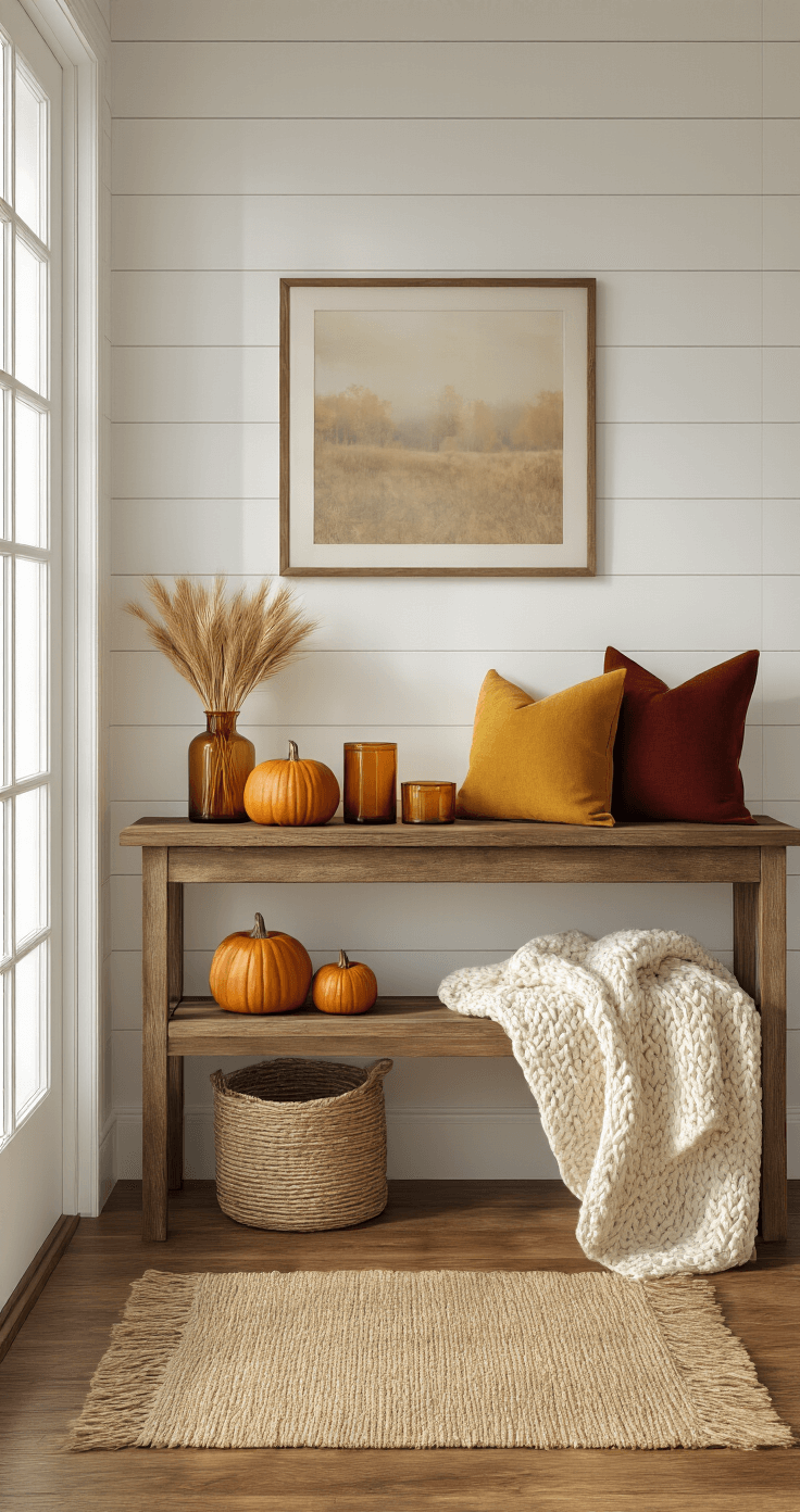 Photorealistic entryway featuring hardwood floors and white shiplap walls, illuminated by golden hour sunlight through a frosted glass door. A rustic wooden console table displays burnt orange ceramic pumpkins, amber glass candles, and dried wheat bundles. A woven jute runner and a chunky cream knit throw adorn a vintage wooden bench, accompanied by burgundy and mustard yellow accent pillows, casting warm autumn shadows in an inviting atmosphere.