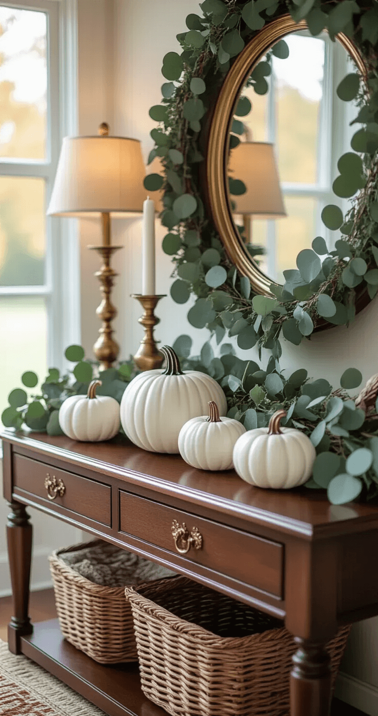 Close-up of an elegant fall entryway vignette featuring a mahogany console table adorned with brass candlesticks, white ceramic pumpkins, and an eucalyptus garland, reflecting soft lamplight in a circular mirror; includes a woven basket, a velvet burgundy runner, and copper accents, with a warm color palette of deep amber, olive green, and cream whites illuminated by natural window light.