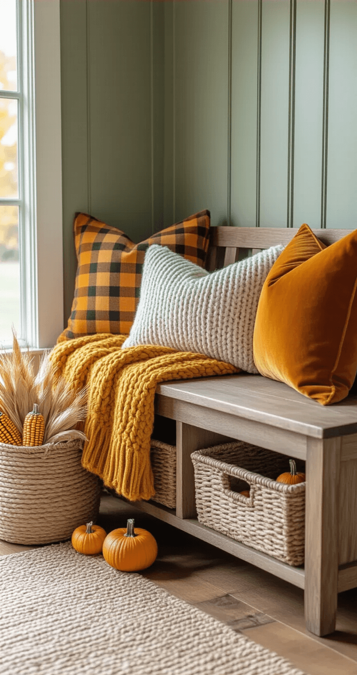 Cozy entryway showcasing a vintage wooden bench with storage, adorned with chunky cable-knit throws in mustard yellow and cream, decorative pillows in burnt orange velvet and plaid, a woven jute basket filled with dried corn husks and mini pumpkins, set against rustic wood floors and sage green beadboard walls, illuminated by soft morning light.