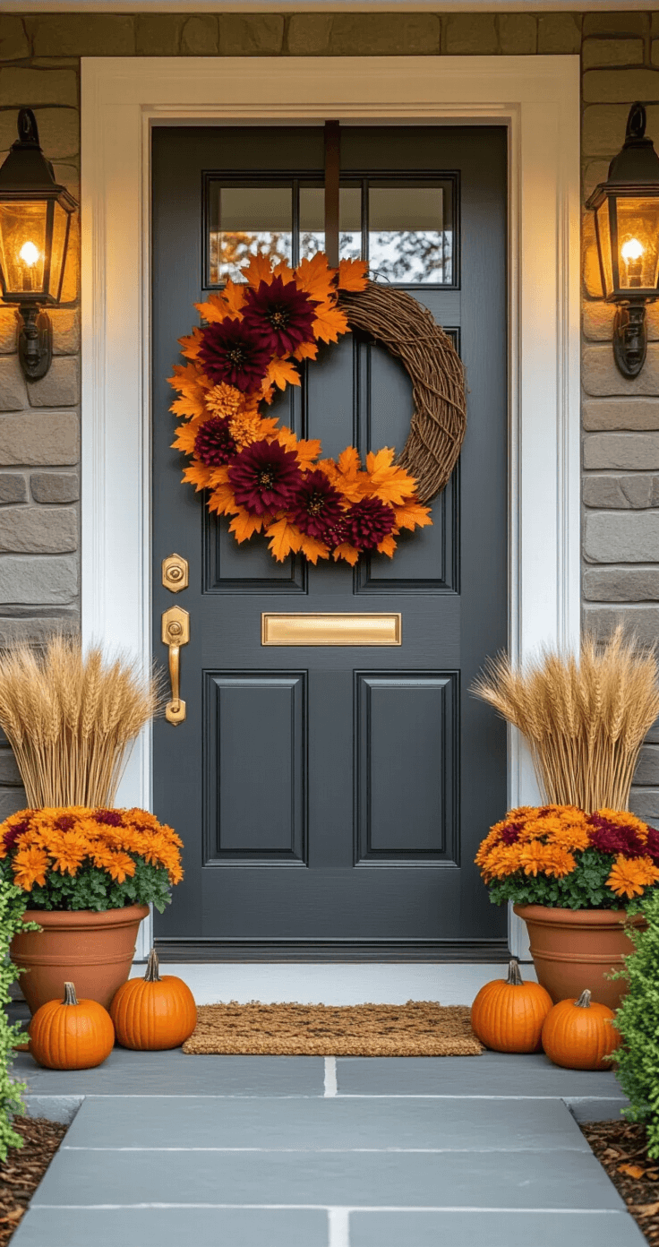 A beautifully styled fall entrance featuring a 36-inch natural grapevine wreath adorned with burgundy dahlias, orange maple leaves, wheat stalks, and pinecones on a charcoal gray front door with brass hardware. Flanking terra cotta planters filled with ornamental kale and mini pumpkins, set against a warm porch lighting and golden sunset glow, with a visible stone pathway, captured in a straight-on architectural photography angle for a welcoming autumn curb appeal.
