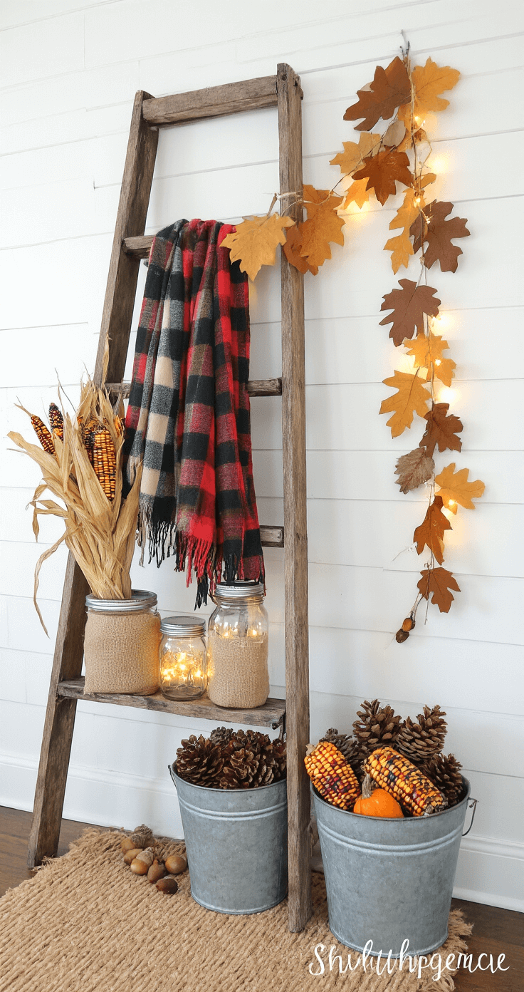A cozy fall entryway featuring a thrifted wooden ladder adorned with plaid scarves and dried corn stalks, alongside mini burlap pumpkins. Mason jars filled with battery fairy lights, vintage galvanized buckets holding collected pinecones and acorns, and a handmade paper leaf garland on white walls, all illuminated by soft natural lighting with a rustic farmhouse aesthetic.