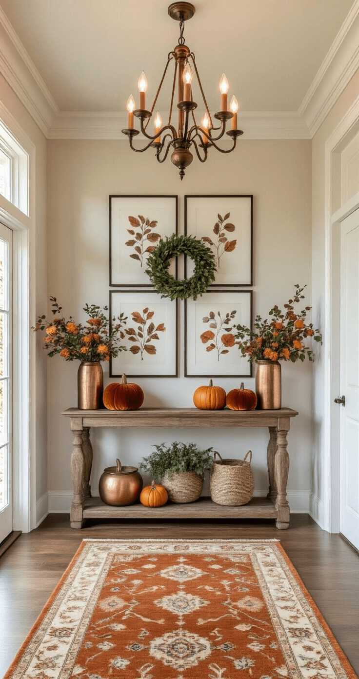 A sophisticated fall entryway featuring a high ceiling with architectural details, an antique brass chandelier, a reclaimed wood console table styled with copper vessels and velvet pumpkins, a Persian runner, and a gallery wall of autumn botanical prints, all bathed in warm golden hour light.