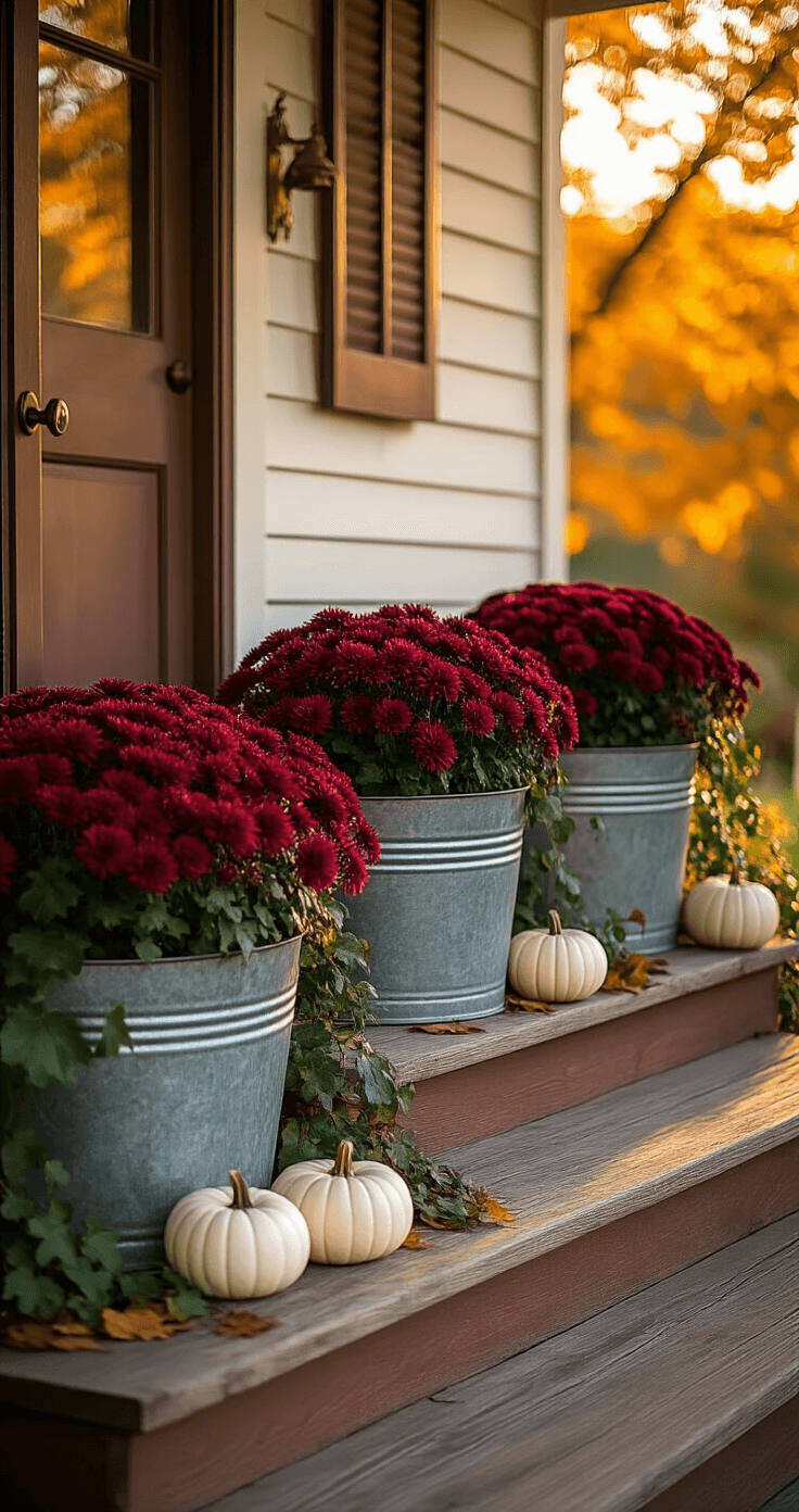 Photorealistic front porch scene during golden hour with warm autumn sunlight, featuring rustic wooden steps and galvanized metal tubs filled with burgundy chrysanthemums and ivy, along with clusters of mini white pumpkins. The weathered wood and vintage brass hardware create a cozy farmhouse atmosphere with a rich color palette of terracotta, cream, and deep burgundy. Soft directional lighting casts gentle shadows.